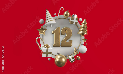 The 12 days of christmas. 12th day festive circle background. 3D Render photo