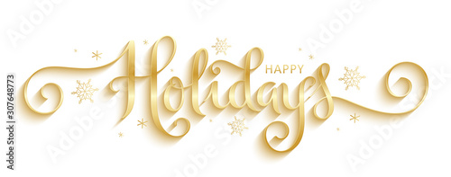 HAPPY HOLIDAYS gold vector brush calligraphy banner with snowflakes