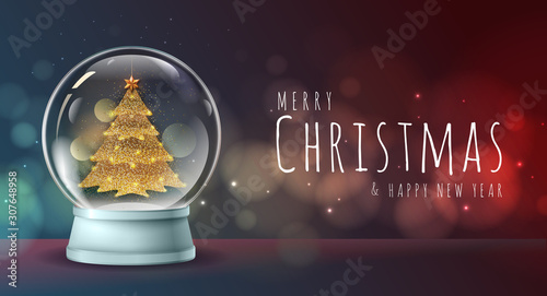 Realistic vector illustration of snow globe with golden christmas tree inside. Blurred holiday christmas sparkle background photo