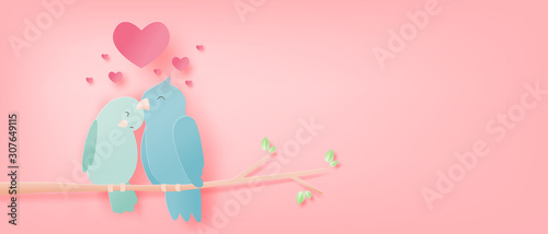 Illustration of love with a birds on tree branches and heart shape in paper cut style. Digital craft paper art valentines day concept.