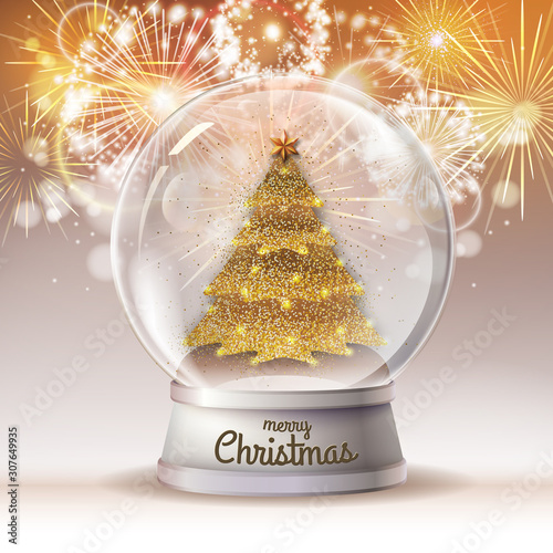 Realistic vector illustration of snow globe with golden christmas tree inside. Holiday firework  background photo