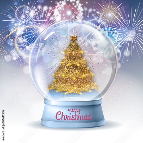 Realistic vector illustration of snow globe with golden christmas tree inside. Holiday firework  background photo