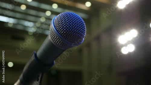 One Microphone on the Stand on the Stage, Close-Up.