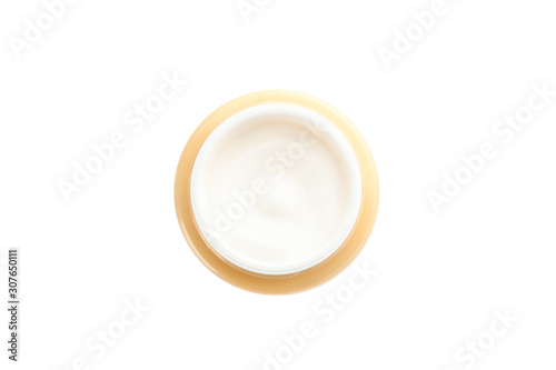 Jar of winter cream for skin isolated on white background  top view