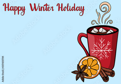 Christmas banner with copy space. Winter background with red mug of hot drink with marshmallow. Atmospheric winter hot drink with orange, spice, cinnamon, star anise, badian