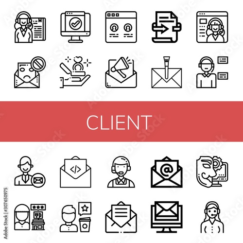 Set of client icons such as Receptionist, Spam, Service, Proposal, Testimonial, Email, Feedback, Envelope, Operator, Support services, Review, Mail, Customer service , client