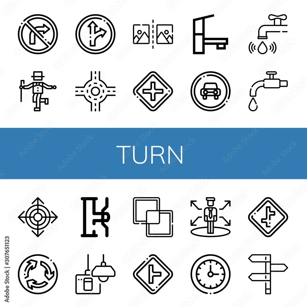 Set of turn icons such as No turn right, Tap, Traffic sign, Junction, Flip, Intersection, Water tap, Direction, Roundabout, Turn off, Intersect, Decision, Circular clock , Set of turn icons such as No turn right, Tap, Traffic sign, Junction, Flip, Intersection, Water tap, Direction, Roundabout, Turn off, Intersect, Decision, Circular clock ,