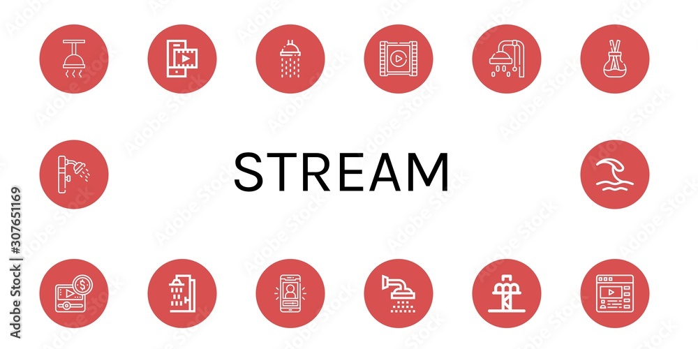 Set of stream icons such as Shower, Video player, Scent, Media player, Vlog, Drop tower, Video stream, Wave , stream
