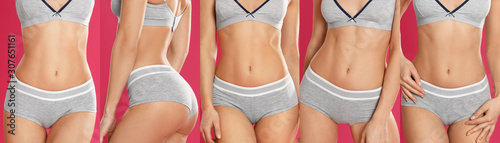 Collage of young woman in grey sportive underwear on pink background, closeup
