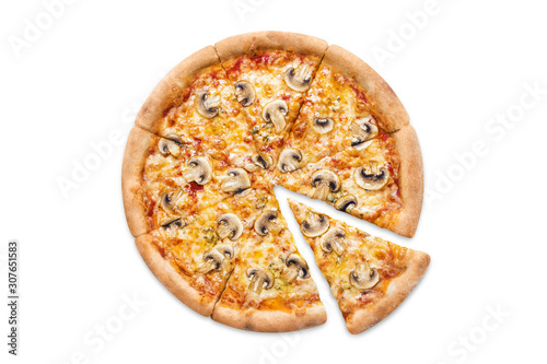 Delicious pizza with champignon mushrooms, tomato sauce and mozzarella, isolated on white background