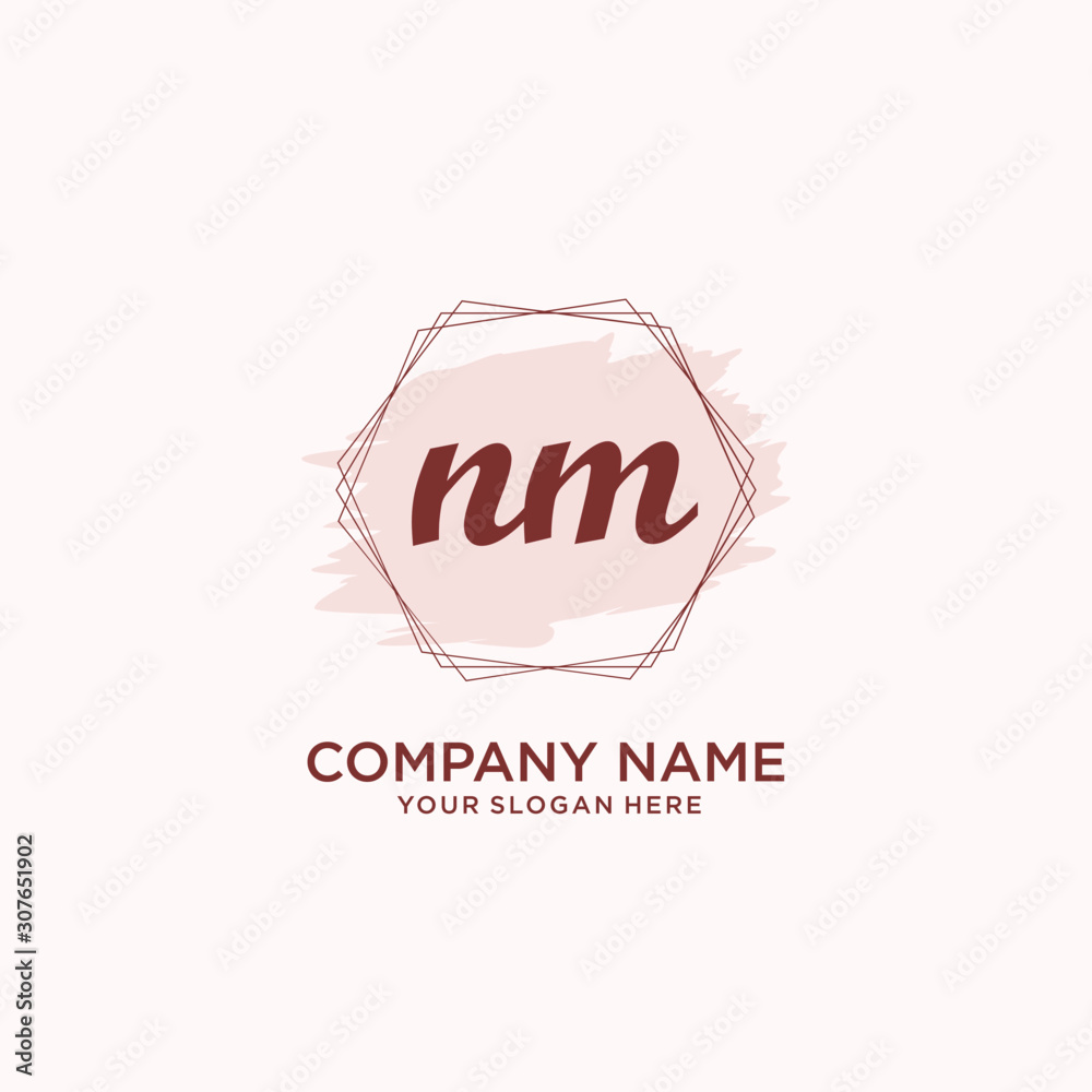 Initial NM handwriting Logo, and Brush and hexagon lines template Initial NM handwriting Logo, and Brush and hexagon lines template