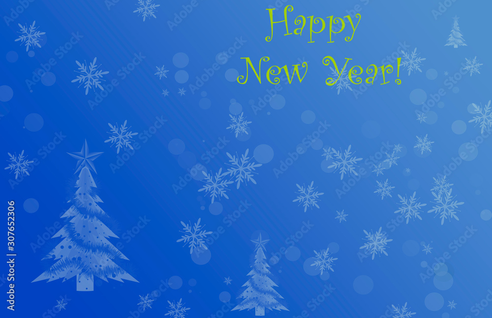 Background in blue with the inscription Happy New Year. Illustration with bokeh and snowflakes in soft blue tones. Creative and stylish picture. Background in blue with the inscription Happy New Year. Illustration with bokeh and snowflakes in soft blue tones. Creative and stylish picture.