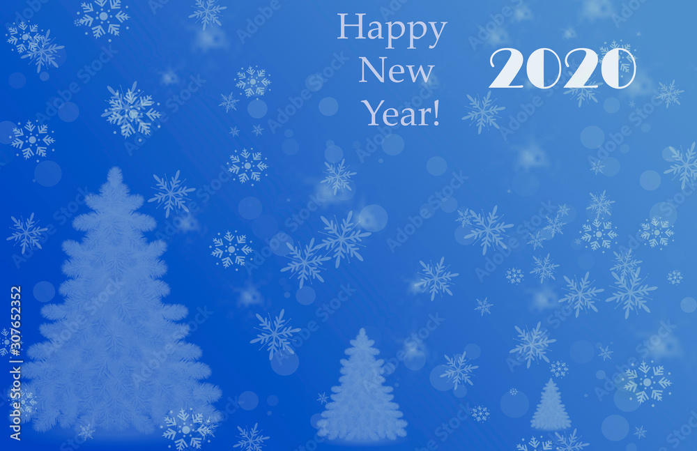  Background in blue with the inscription Happy New Year. Illustration with bokeh and snowflakes in soft blue tones. Creative and stylish picture.