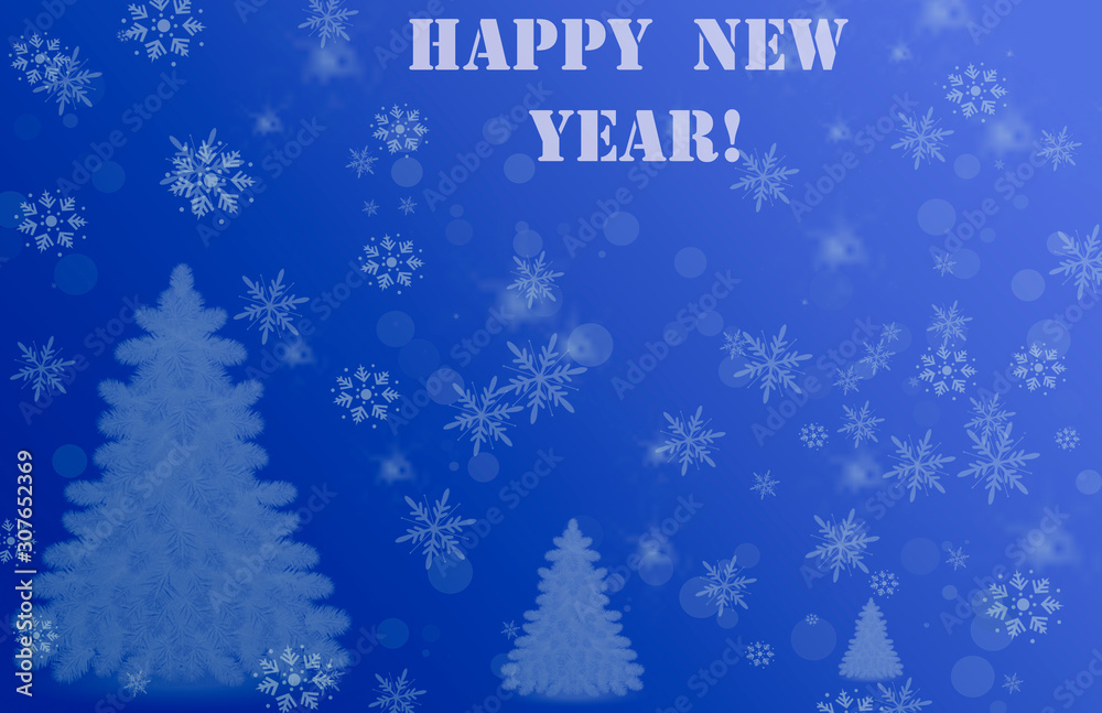  Background in blue with the inscription Happy New Year. Illustration with bokeh and snowflakes in soft blue tones. Creative and stylish picture.