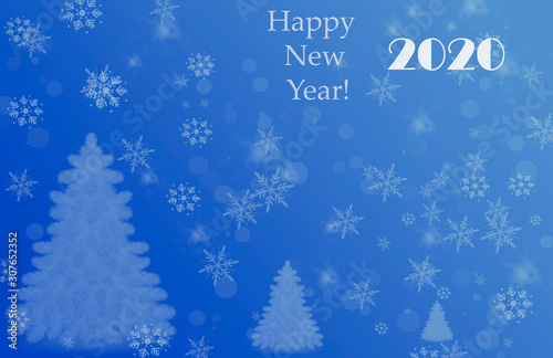  Background in blue with the inscription Happy New Year. Illustration with bokeh and snowflakes in soft blue tones. Creative and stylish picture.