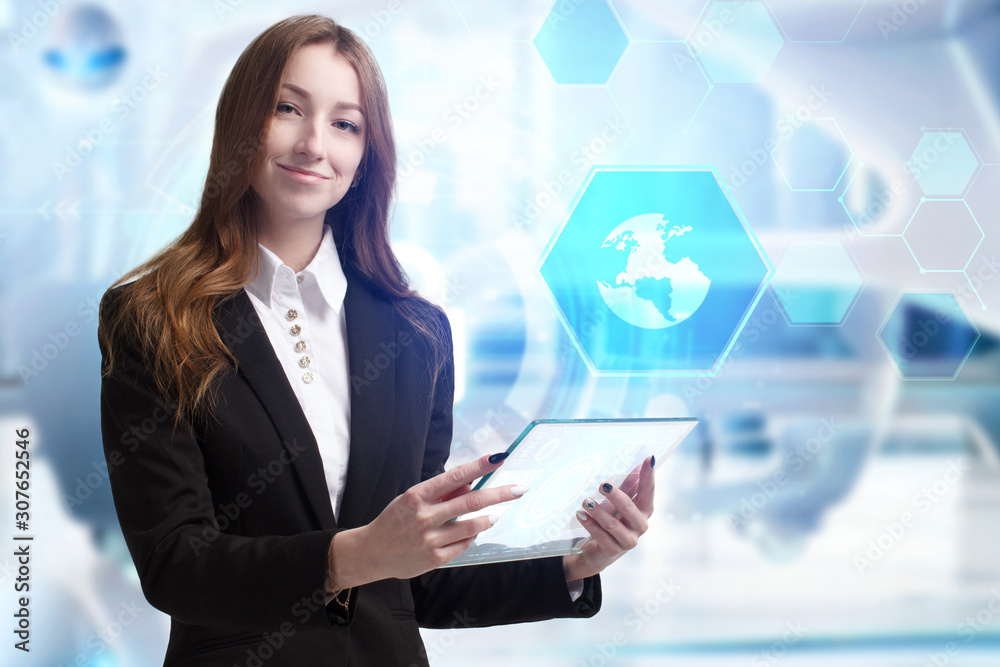 Business, Technology, Internet and network concept. Young businessman working on a virtual screen of the future and sees the inscription: Business, Technology, Internet and network concept. Young businessman working on a virtual screen of the future and sees the inscription: