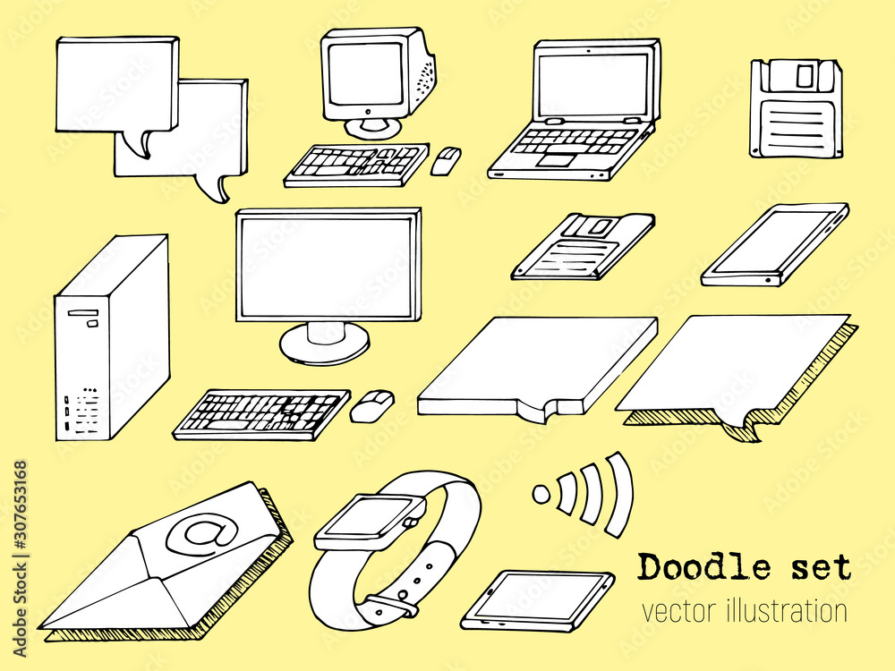 Set of sketch computers. Doodle pc, laptop, tablet, floppy, mail, chat box.  Retro Computer icon in Hand-drawn style. cartoon Vector illustration. Stock  Vector | Adobe Stock