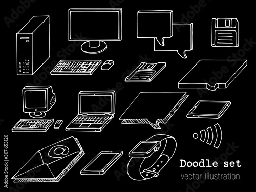 Set of white sketch computers on black background. Doodle pc, laptop, tablet, floppy, mail, chat box. Retro Computer stuff icon in Hand-drawn style. Vector illustration.