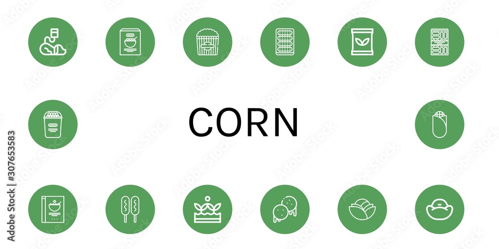 Set of corn icons such as Veterinary, Corn, Popcorn, Cucumber, Seed bag, Snack, Cereals, Corn dog, Crops, Arepas, Cabbage, Bean bag , Set of corn icons such as Veterinary, Corn, Popcorn, Cucumber, Seed bag, Snack, Cereals, Corn dog, Crops, Arepas, Cabbage, Bean bag ,