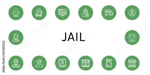 Set of jail icons such as Judge, Thief, Criminal, Prisoner transport vehicle, Suspect, Arrest, Police station, Prison, Legal, Lawyer, Prisoner , jail