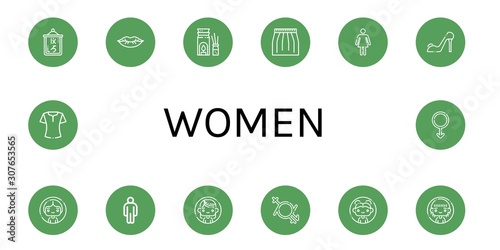 Set of women icons such as Logogram, Lips, Aromatherapy, Skirt, Female, High heels, Woman, Male, Gender fluid, Blouse , women