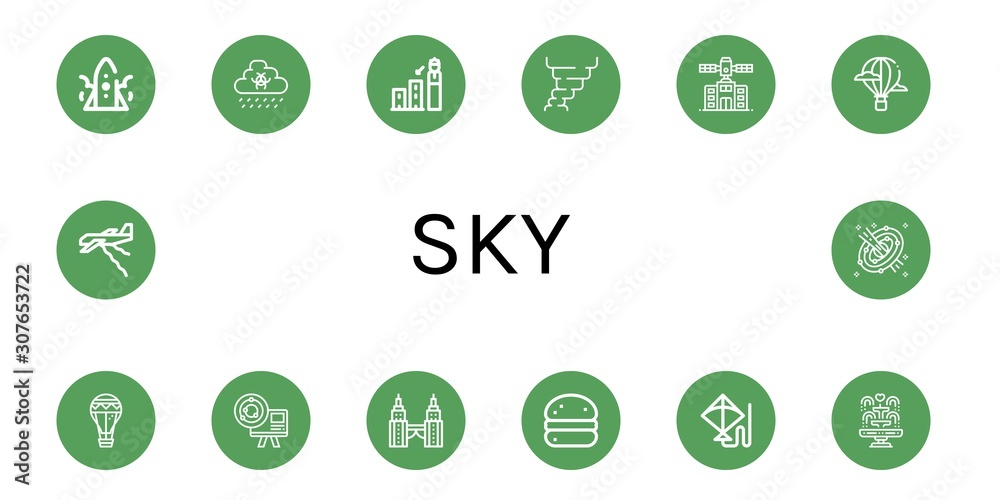 Set of sky icons such as Rocket, Rain, Forecast, Hurricane, Planetarium, Hot air balloon, Air balloon, Astronomy, Petronas twin tower, Bola de berlim, Kite, Fountain, Plane , sky Set of sky icons such as Rocket, Rain, Forecast, Hurricane, Planetarium, Hot air balloon, Air balloon, Astronomy, Petronas twin tower, Bola de berlim, Kite, Fountain, Plane , sky