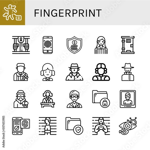 Set of fingerprint icons such as Crime scene, Prison, Fingerprint, Security, Judge, Detective, Criminal, Lawyer, Secure, Arrest, Fingerprint identification, Prisoner ,
