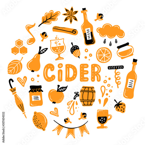 Round frame on the theme of cider, autumn festivals and tastings. Vector pattern of hand-drawn elements. Flat style flyer with lettering.