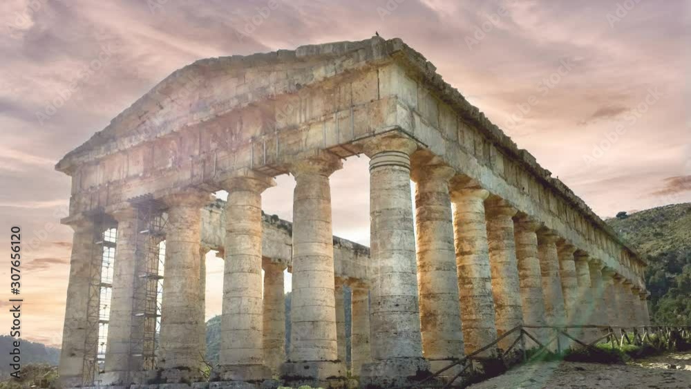 Doric greek temple in Segesta, Trapani, Sicily, Italy. Time lapse effect 4K. Doric greek temple in Segesta, Trapani, Sicily, Italy. Time lapse effect 4K.