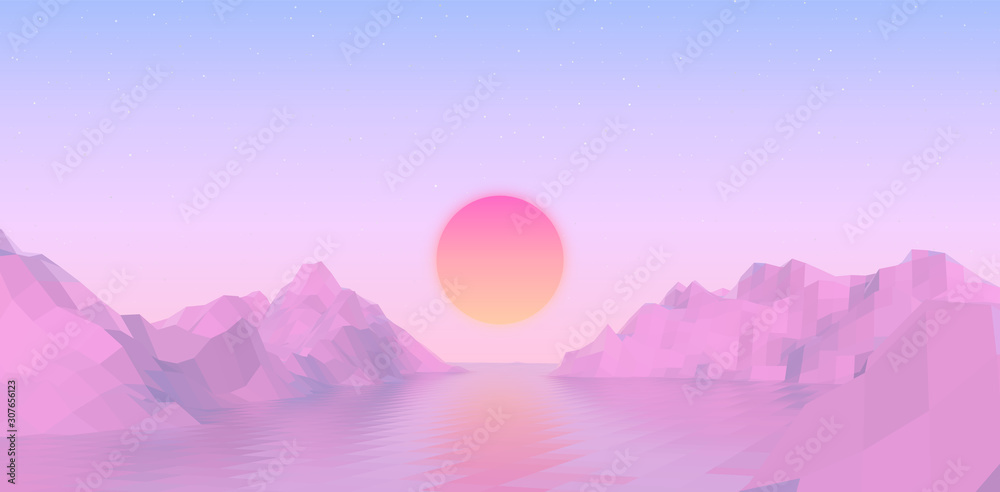 Abstract vaporwave landscape with sun rising over pink mountains and sea on calm pink and blue background