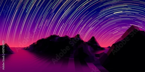 Mountain landscape with 80s styled synth wave polygonal grid and star trail over the purple horizon