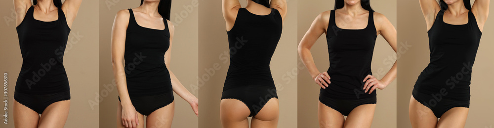 Collage of young woman in black underwear on beige background, closeup - obrazy, fototapety, plakaty 