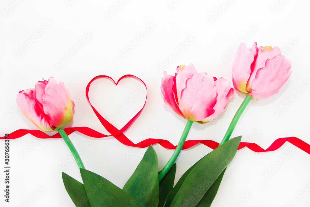 natural pink tulips and red ribbon heart natural pink tulips and red ribbon heart