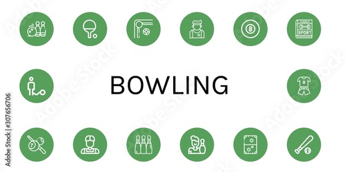Set of bowling icons such as Bowling pins, Ping pong, Billiard, Athlete, Sport, Bowling, Air hockey, Baseball ball, Ball ,