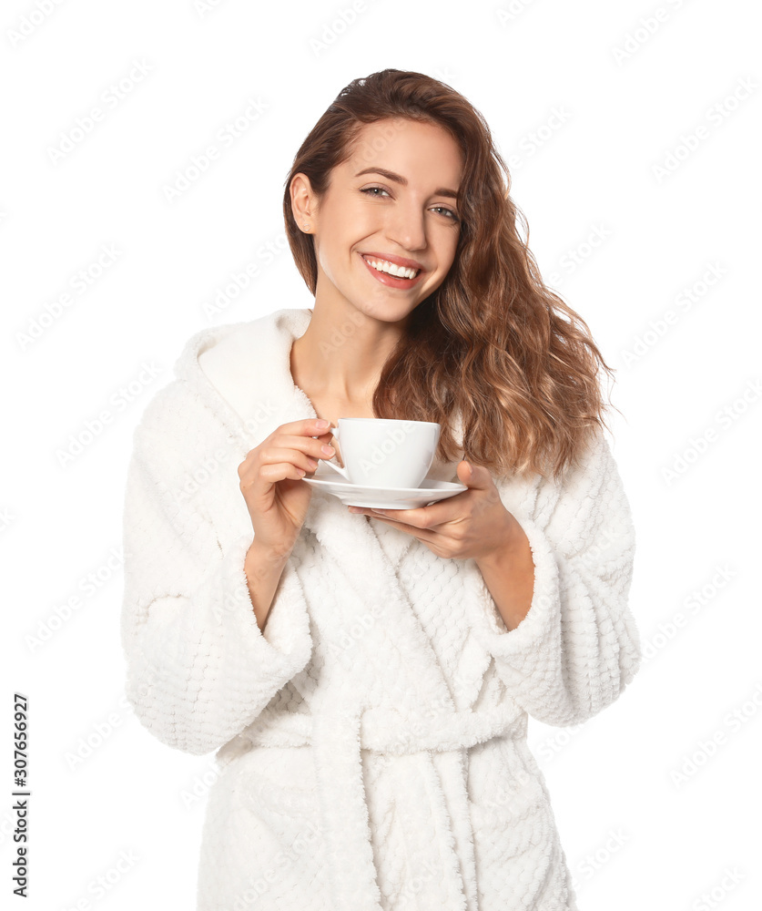 Beautiful woman with cup of coffee wearing bathrobe on white background Beautiful woman with cup of coffee wearing bathrobe on white background