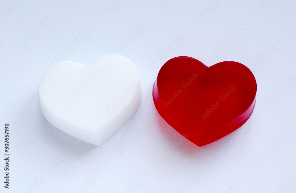 hearts on light background, flatlay, soap bars