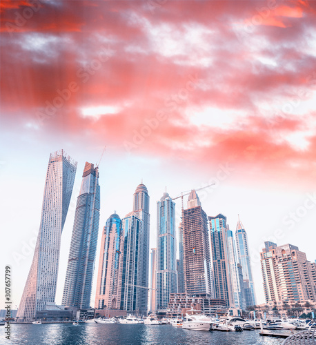 Dubai Marina panoramic skyline and buildings at sunset