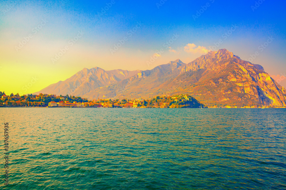 Lake Como and Alps mountains beautiful landscape. Amazing view, Italy. 