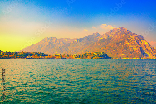 Lake Como and Alps mountains beautiful landscape. Amazing view  Italy. 
