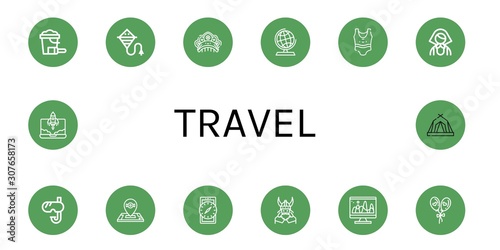 Set of travel icons such as Sand bucket, Kite, Kokoshnik, Globe, Swimsuit, Russian, Snorkel, Location, Compass, Viking, Colour, Balloon, Rocket, Tent , travel