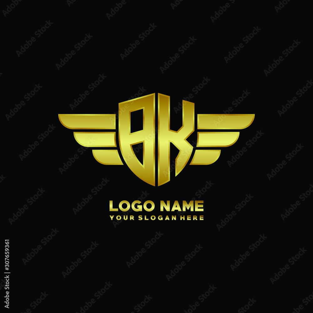 initial letter BK shield logo with wing vector illustration, gold color