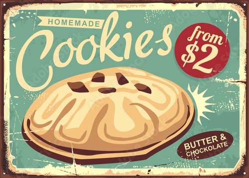 Homemade cookies retro worn sign design. Butter cookie on old vintage sign. Food bakery biscuit vector illustration.