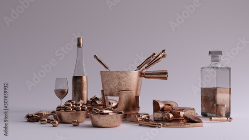 Bronze Fondue Set Pot Wine an Glass Bottle with a Cork and Wine Glasses Cheese an Bread Gold Knife and Fork Bowl of Olives 3d illustration 3d render photo
