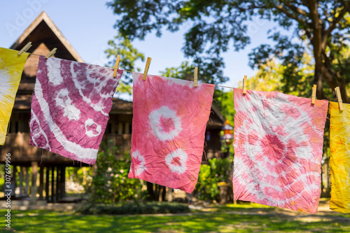 Colorful Abstract tie dyed fabric  hung up to dry.