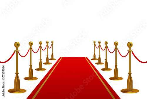 Red carpet with golden barriers and rope in a receding view to blank copy space on white for a VIP occasion or event, vector illustration