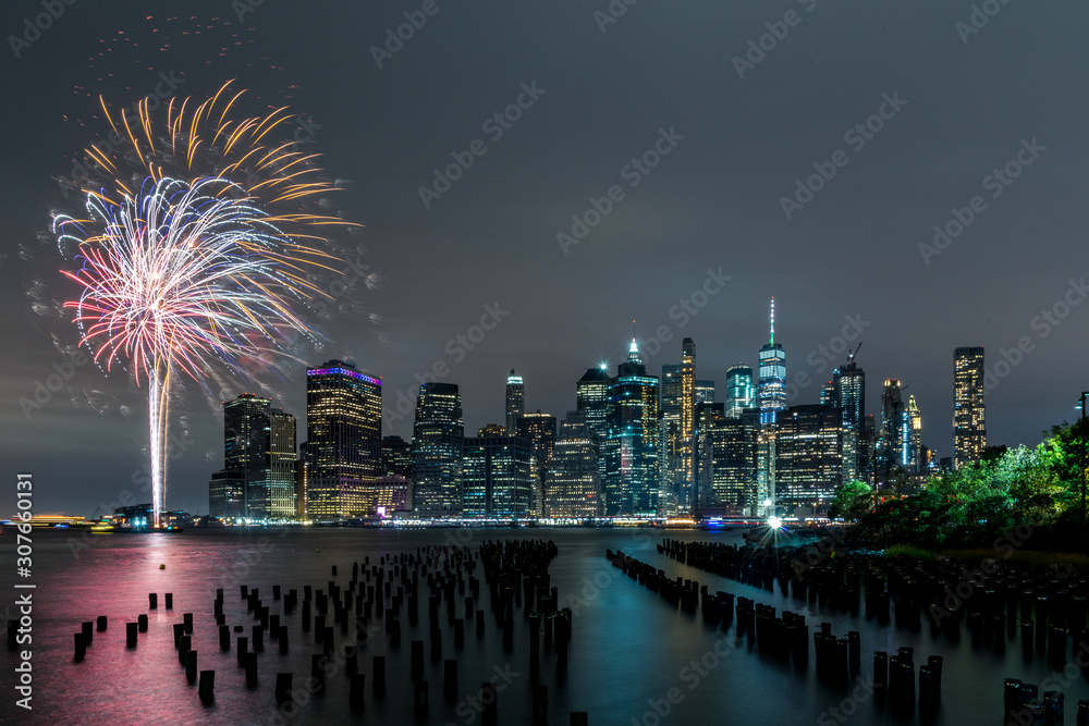 Fireworks and the skyline of NYC