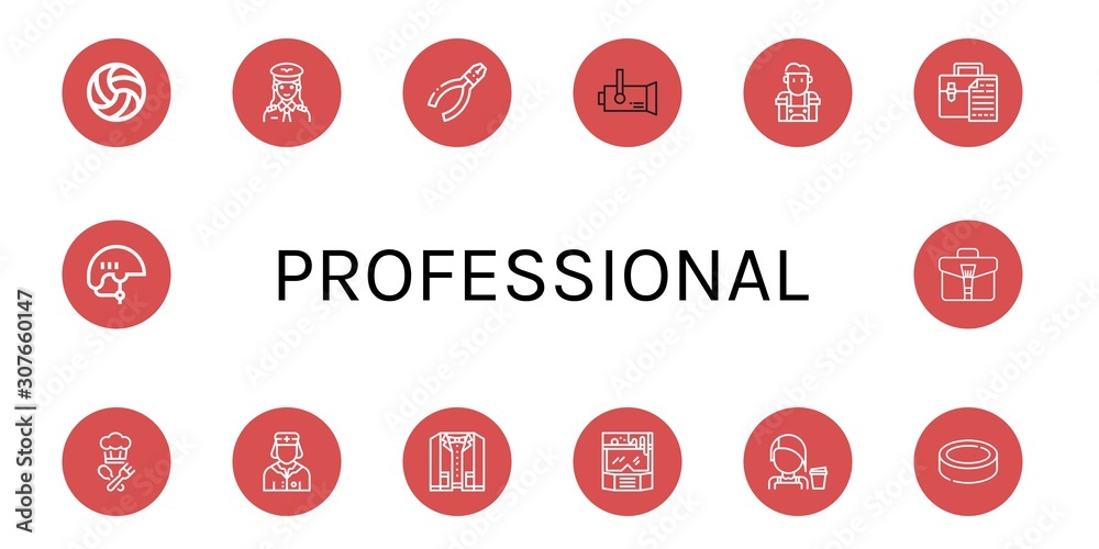 Set of professional icons such as Volleyball, Pilot, Pliers, Spotlight, Barista, Briefcase, Cook, Nurse, Suit, Helmet, Puck , professional