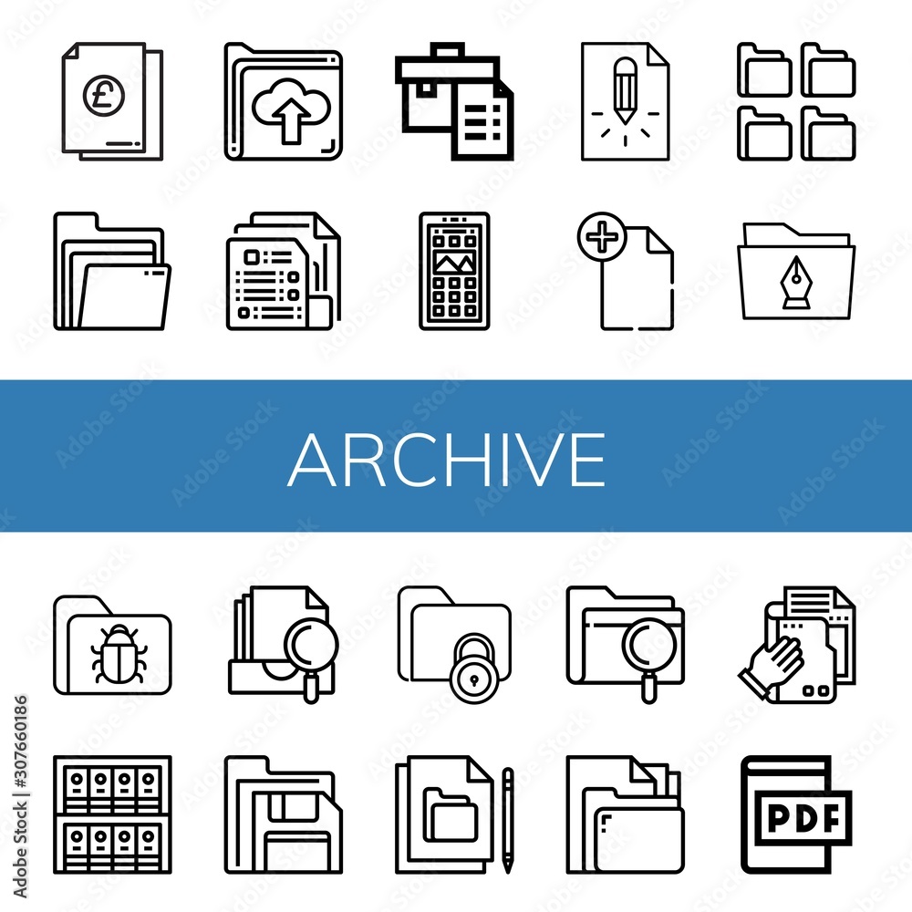 Set of archive icons such as Document, Folders, Folder, Portfolio, App  drawer, Page, File, Binders, Archive, Floppy disk, Pdf file , archive  vector de Stock | Adobe Stock