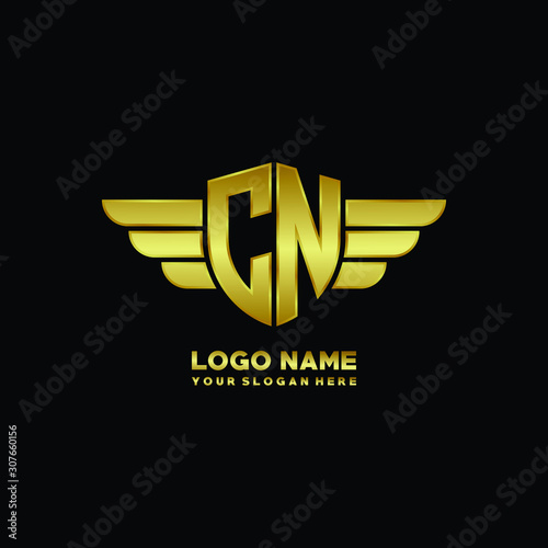 initial letter CN shield logo with wing vector illustration, gold color