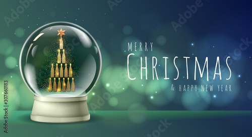 Realistic vector illustration of snow globe with golden champagne bottle pyramid inside. Blurred holiday  background photo